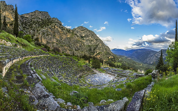 mountain landscape, greece, delphi, grass, sky, inca, famous Place