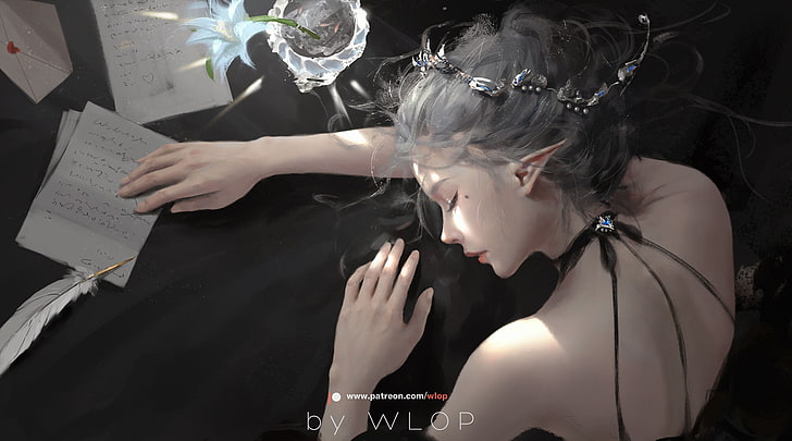 female elf illustration, anime girls, WLOP, letter, Ghost Blade