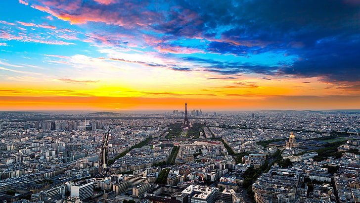 Eiffel Tower, Paris, France, city, cityscape, sunset, clouds