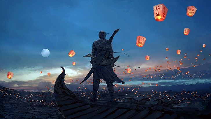 character with sword illustration, lantern, sky, nature, sunset