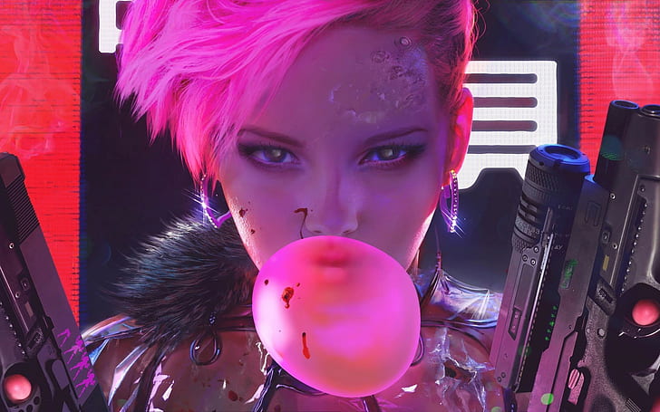 girls with guns, futuristic, pink hair, bubble gum, cyberpunk