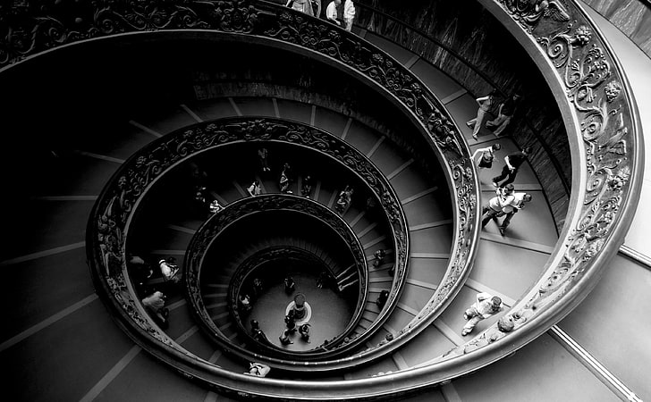 Spiral Stairs Of The Vatican Museums, grayscale spiral staircase, HD wallpaper