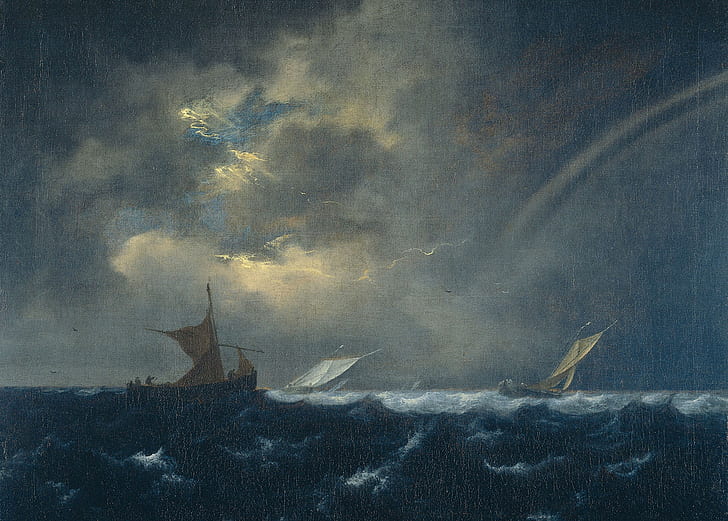 oil, picture, canvas, seascape, Jacob van Ruisdael, Ships in a Stormy Sea
