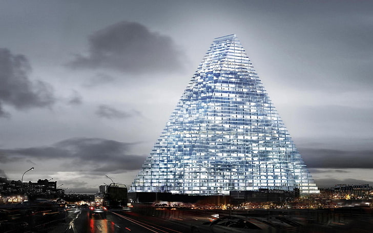 triangular-shape building, city, cityscape, architecture, pyramid, HD wallpaper