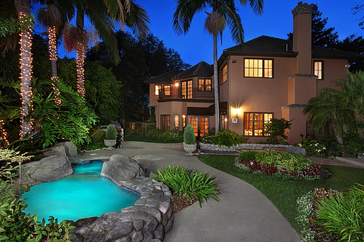 brown mansion, flowers, lights, house, palm trees, lawn, the evening