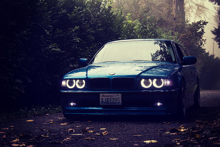 blue BMW E46, forest, lights, tuning, stance, bmw e38, 750il, HD wallpaper