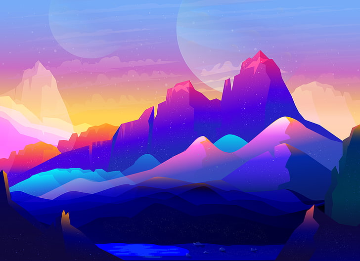 Illustration, Rocks, Neon, Mountains, Colorful