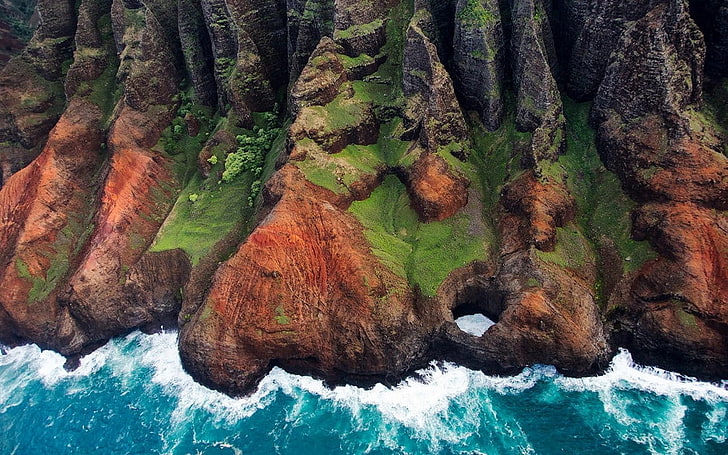 nature, landscape, Kauai, aerial view, mountains, island, coast, HD wallpaper