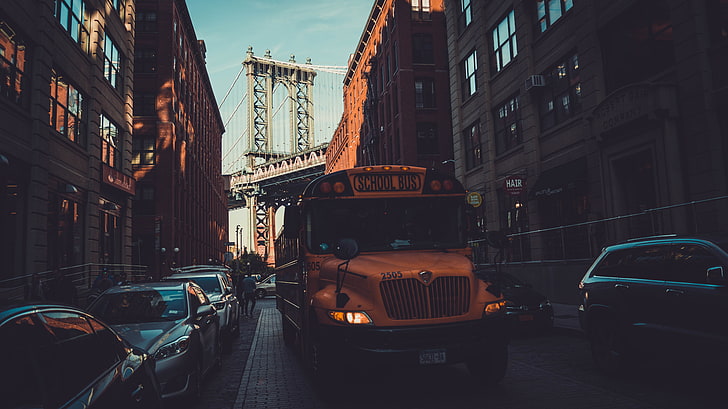 yellow school bus, New York City, dumbo, Manhattan Bridge, buses, HD wallpaper
