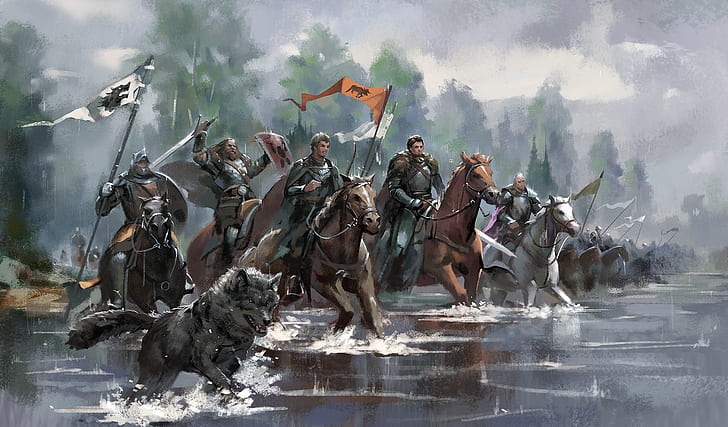 river, horses, army, dog, knight, king, banner