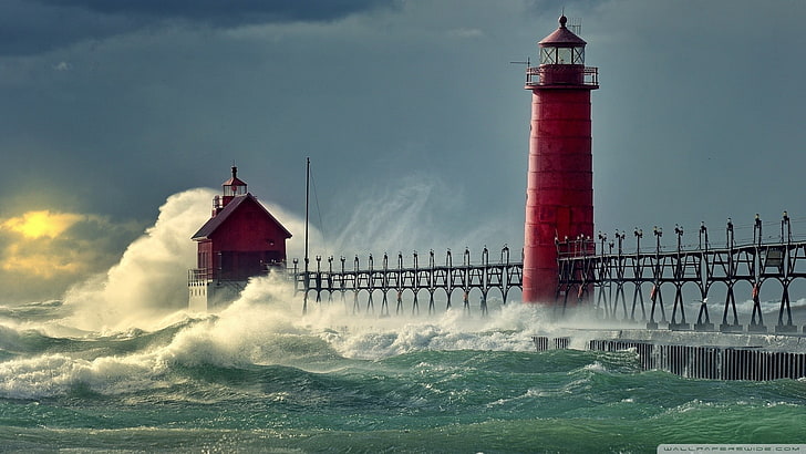 white and red concrete building, lighthouse, sea, waves, storm