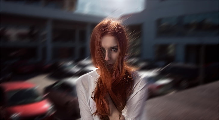 women, face, portrait, redhead, motion blur, model, one person