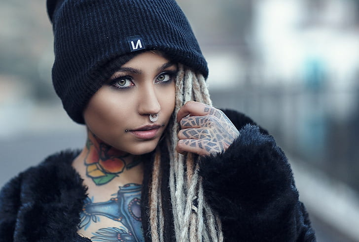 nose rings, hat, women, model, tattoo, face, portrait, looking at viewer