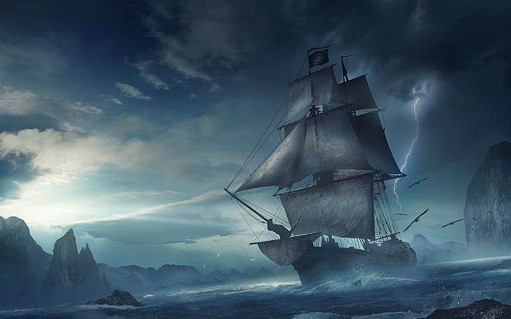 Fantasy, Ship, Cliff, Jolly Roger, Lightning, Pirate Ship, Rock, HD wallpaper