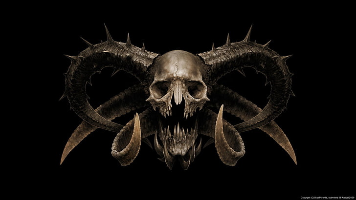 brown skull with six horns wallpaper, fear, the devil, horror