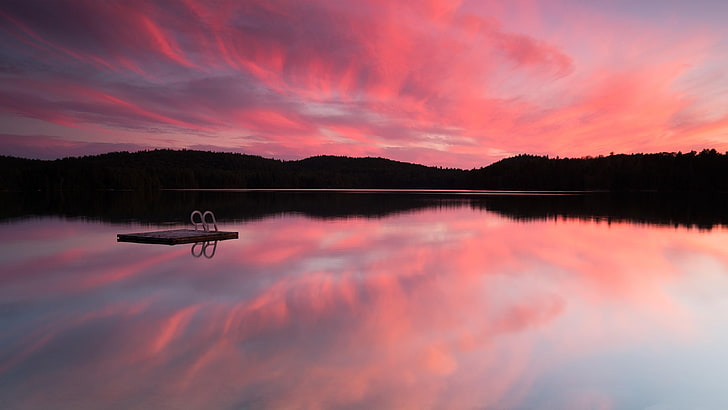 lake, calm, sunset, pink sky, reflected, amazing, stunning, HD wallpaper
