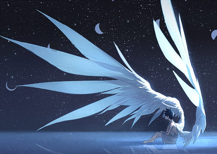 HD wallpaper: Anime, Angel, Black Hair, Moon, Short Hair, Stars, Wings |  Wallpaper Flare