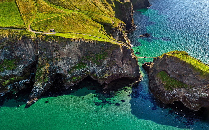 Aerial View, birds, bridge, cliff, Coast, grass, Green, Ireland, HD wallpaper