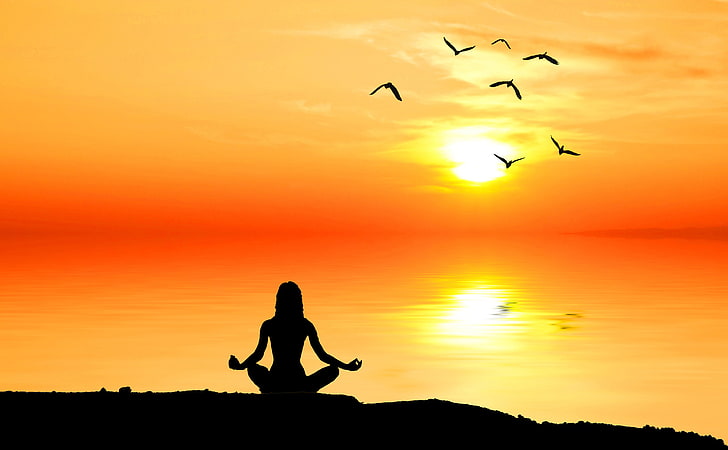 meditating woman silhouette, nature, dawn, meditation, people, HD wallpaper