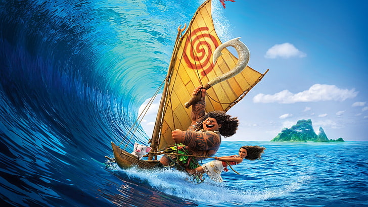 Moana and Maui movie scene, Vaiana, Disney princesses, water, HD wallpaper