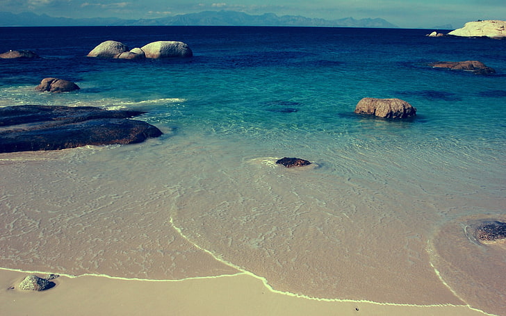 white sandy beach, sea, rocks, coast, tropical, island, water, HD wallpaper