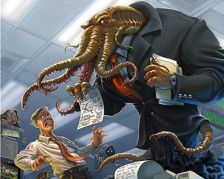 monster octopus boss showing papers on man illustration, laughing