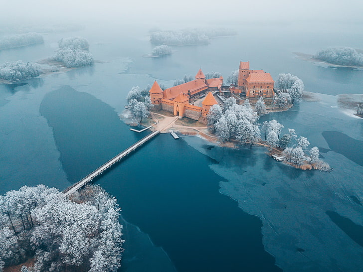 brown concrete castle, aerial view, Lithuania, island, winter, HD wallpaper