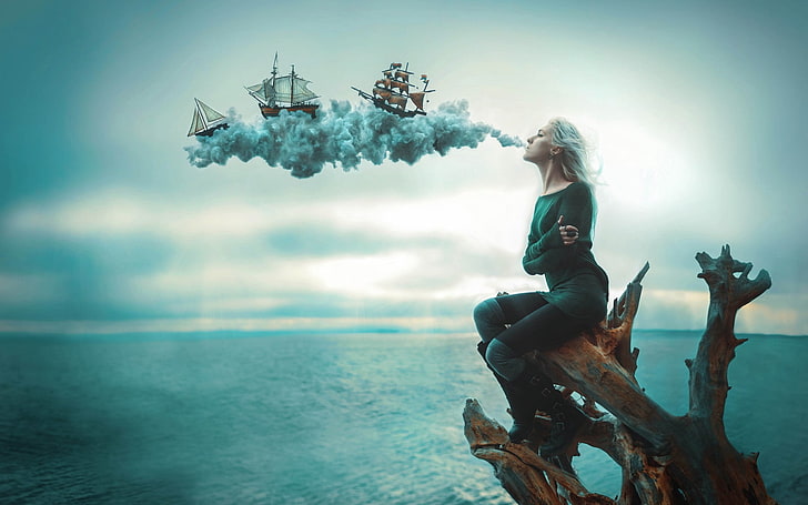 woman in top of bare tree blowing smoke with galleons wallpaper, HD wallpaper