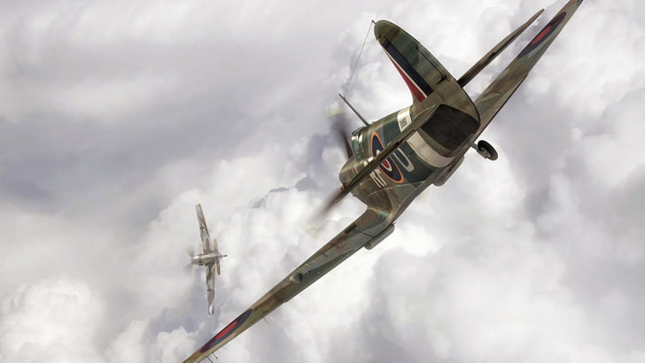 two gray airplanes, aircraft, war, spitfire, painting, aviation, HD wallpaper