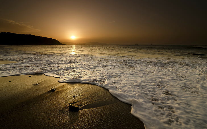 beach, sea, sand, sunlight, silhouette, landscape, HD wallpaper