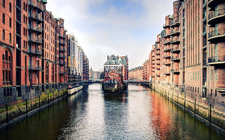 red painted buildings, Hamburg, Germany, cityscape, river, canal, HD wallpaper