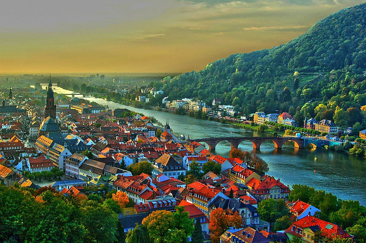 Towns, Heidelberg, Bridge, Building, City, Cityscape, Germany