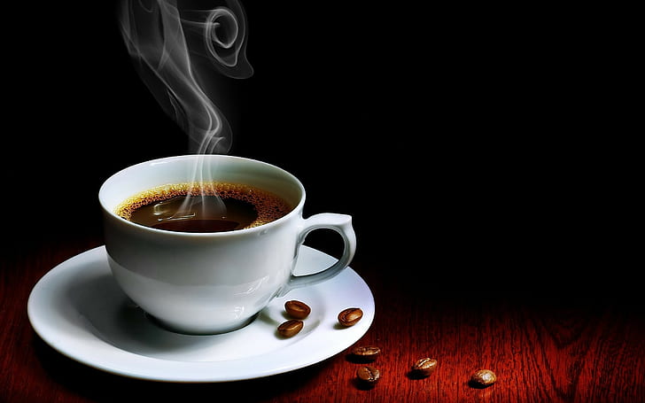 Coffee, Cup, Hot Coffee, Coffee Beans, Heat, white ceramic teacup, HD wallpaper