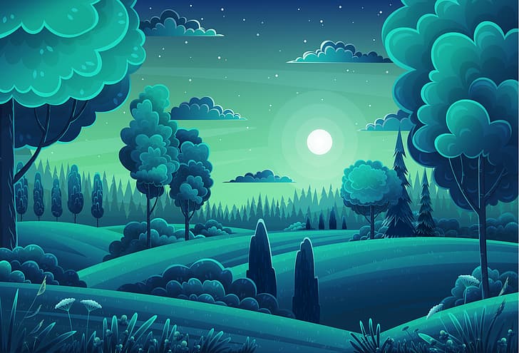 artwork, vector, forest, hills, trees, Moon, night, landscape