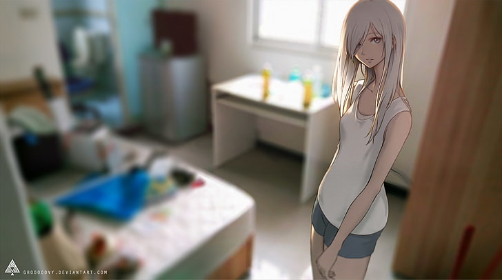 original characters, anime girls, white hair, indoors, one person, HD wallpaper