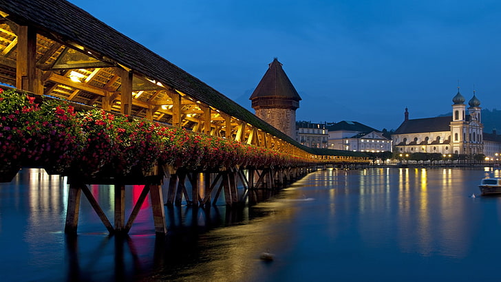 bridge, reflection, flowers, Luzern, water, architecture, built structure