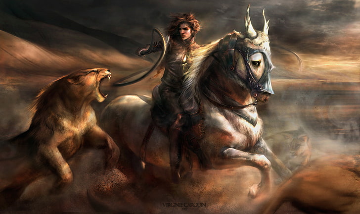 woman riding on white horse while fighting on lion painting, cat