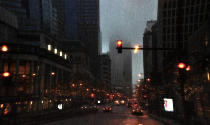 black and red traffic light, rain, cityscape, car, lights, building