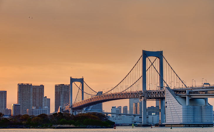 Odaiba Rainbow Bridge, Asia, Japan, Sunset, Water, Tokyo, photomatix, HD wallpaper