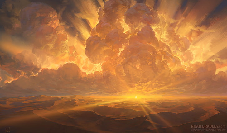 brown and black abstract painting, Noah Bradley, landscape, sun rays