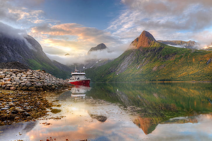 sea, clouds, landscape, mountains, nature, reflection, stones, HD wallpaper