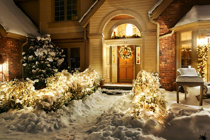 winter, snow, Christmas, lights, house, HD wallpaper