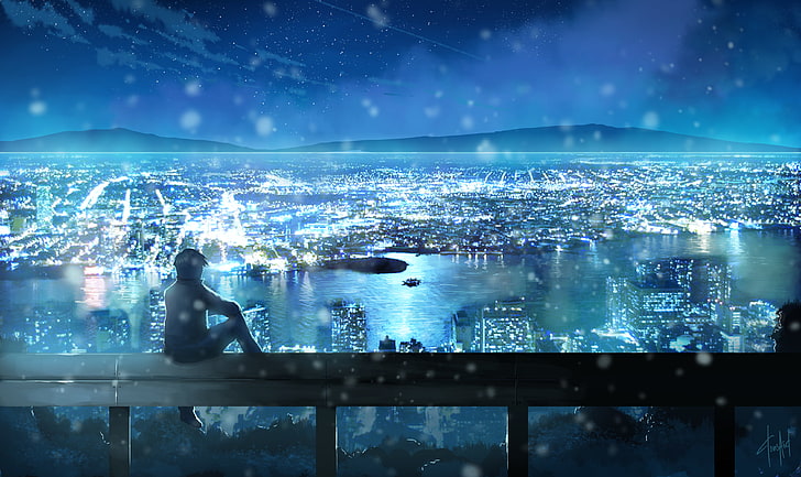 man looking at buildings anime digital wallpaper, the sky, stars