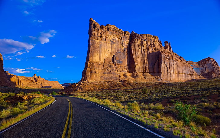 brown mountain, road, canyon, marking, uSA, utah, desert, nature