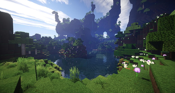 Minecraft screenshot, render, screen shot, lake, architecture, HD wallpaper