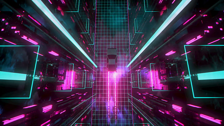 David Legnon, cyberpunk, car, traces, neon glow, grid, Retrowave, HD wallpaper