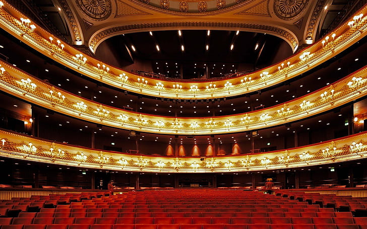 luxury opera royal grand, auditorium, red, stage theater, illuminated, HD wallpaper