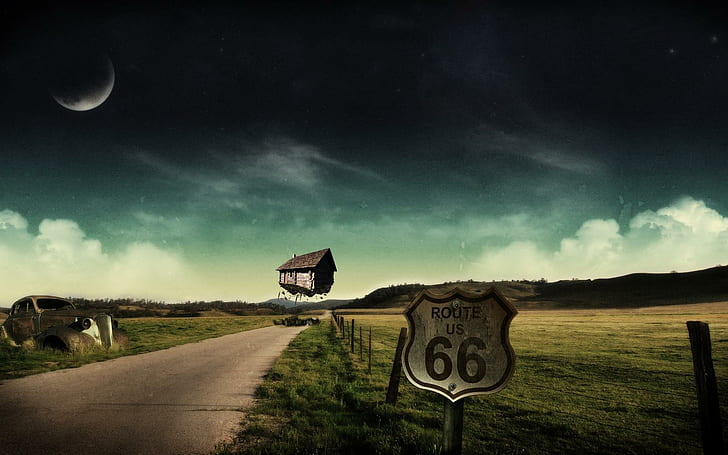 Route 66 Floating House, 3d and abstract, HD wallpaper