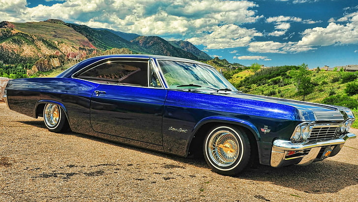 blue coupe, Chevrolet, Impala, Lowrider, Super sport, '1965, low rider, HD wallpaper