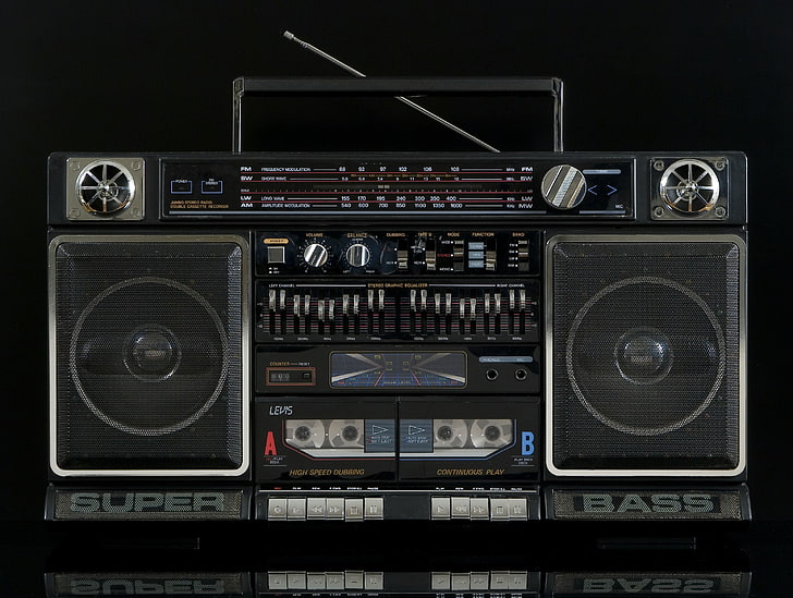 black and grey Super Bass boombox, retro, classic, tape, Levis 161, HD wallpaper